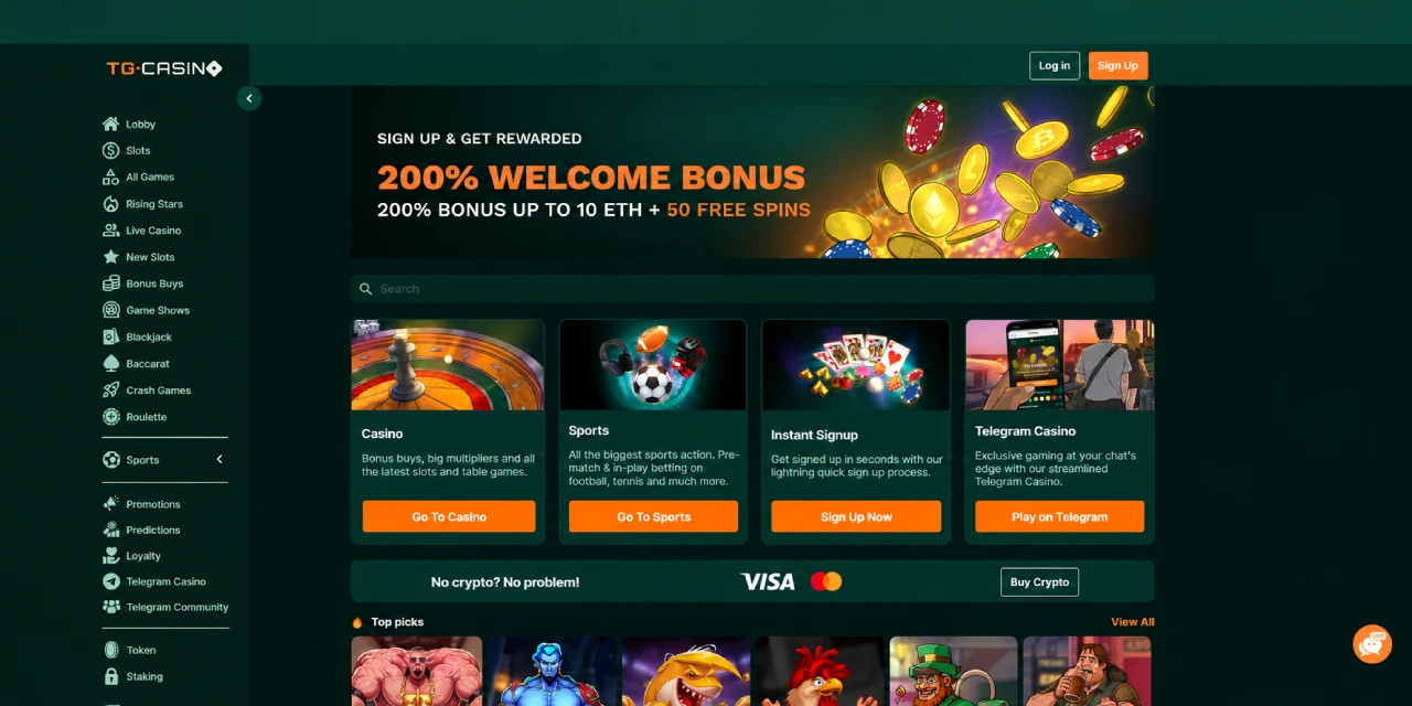 TG Casino bonus benvenuto crypto 200% fino a 10 ETH e slot online Italia